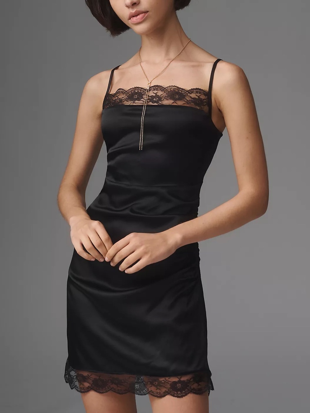ANTHROPOLOGIE SQUARE-NECK LACE MINI SLIP DRESS in black XXS , nwt
